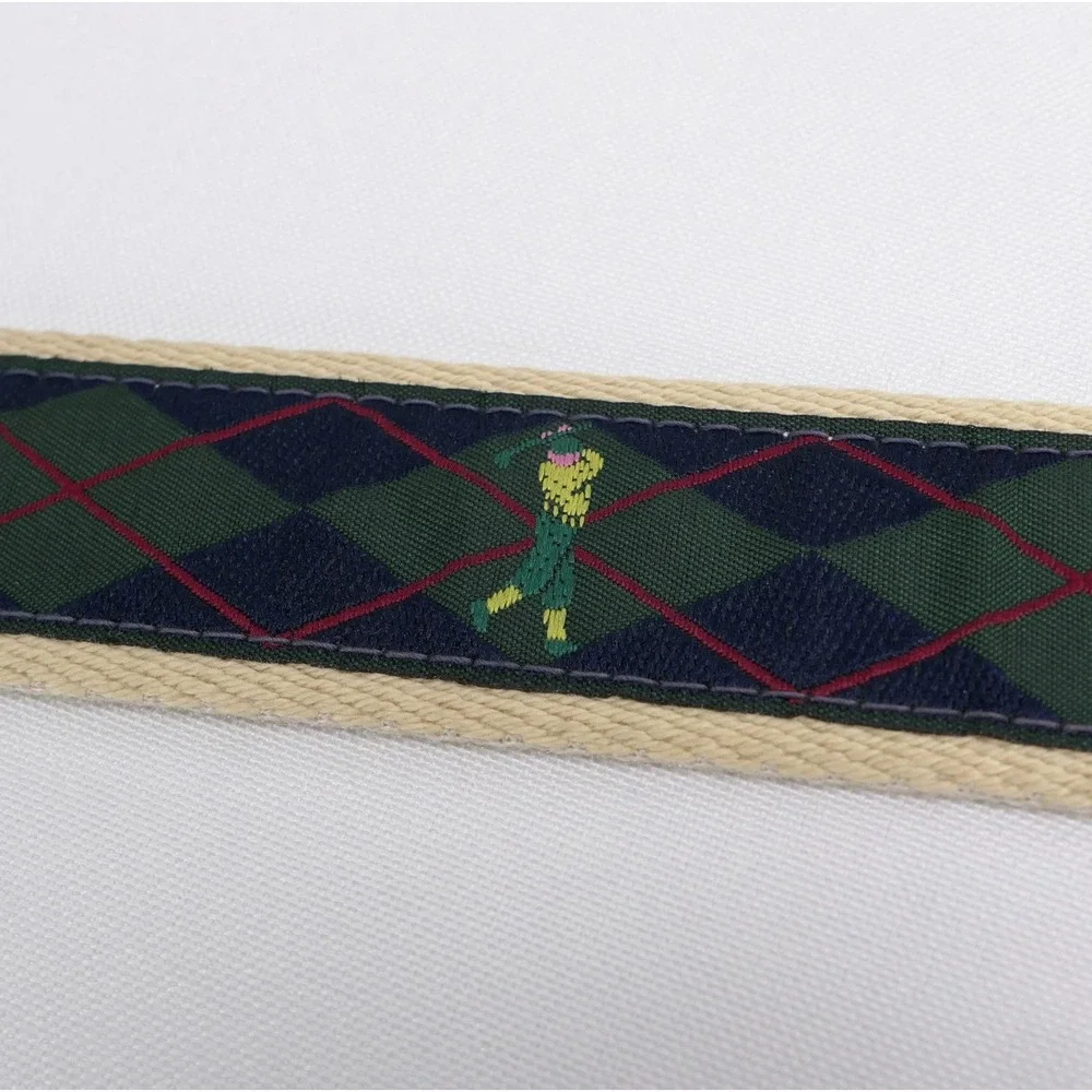 Brooks Brothers Mens 34 Golf Argyle Embroidered Canvas Leather Needlepoint Belt